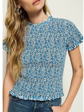 Nation Los Angeles Evie Smocked Blue Floral Short Sleeve Gathered Knit Top NEW